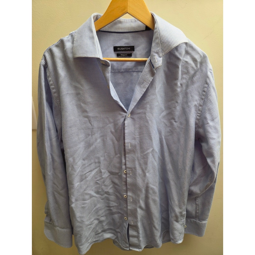 Bugatchi Mens Blue White Micro Check Shaped Fit Cotton Button Down Shirt 16.5 L